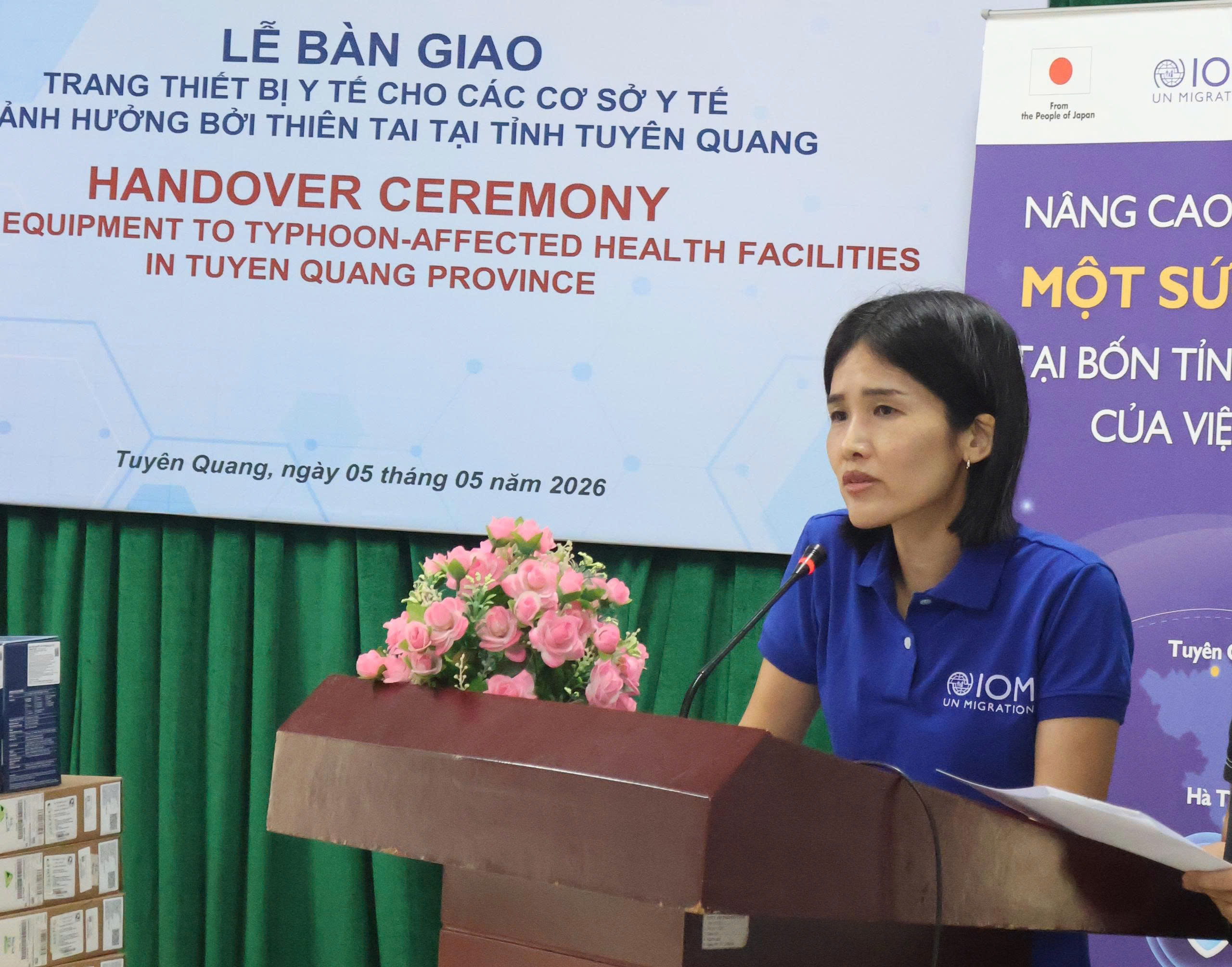 Tiến sĩ. Aiko Kaji, Quản lý chương trình của Tổ chức IOM phát biểu tại buổi Lễ bàn giao trang thiết bị cho Trung tâm Kiểm soát bệnh tật